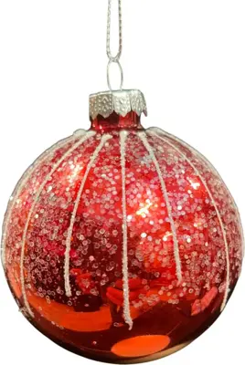 Glazen kerstbal lijn glitter 8cm rood, wit