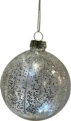Glazen kerstbal lijn glitter 8cm transparant, zilver