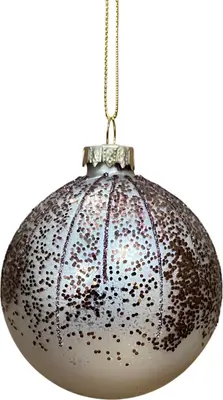 Glazen kerstbal lijn glitter 8cm wolwit