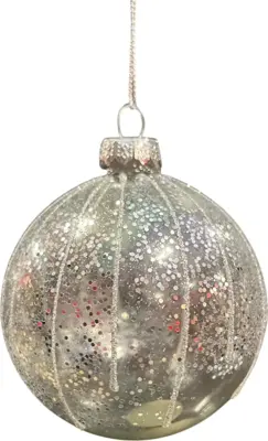 Glazen kerstbal lijn glitter 8cm zilver, wit