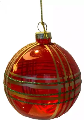 Glazen kerstbal lijnen 8cm rood, transparant