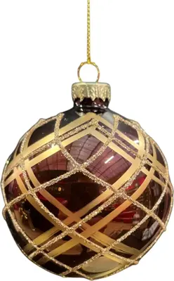 Glazen kerstbal lijnen ruit 8cm espresso