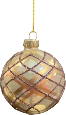 Glazen kerstbal lijnen ruit 8cm parel