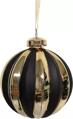 Glazen kerstbal strepen 8cm goud, zwart