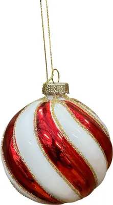 Glazen kerstbal swirl 8cm rood, wit