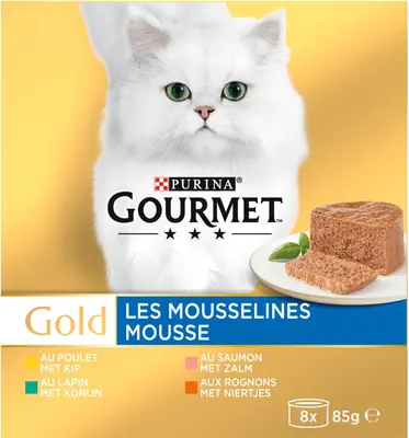 GOURMET™ Gold Mousse met Kip, Zalm, Niertjes, Konijn kattenvoer 8x85g - afbeelding 2