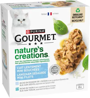 GOURMET Nature's Creations Mini Filets, rijk aan Zeevis, gegarneerd met spinazie en rijst, Rijk aan Tonijn, gegarneerd met rijst en tomaten? nat kattenvoer, 85g - afbeelding 3