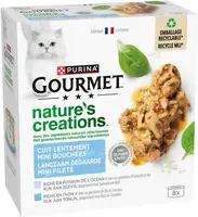 GOURMET Nature's Creations Mini Filets, rijk aan Zeevis, gegarneerd met spinazie en rijst, Rijk aan Tonijn, gegarneerd met rijst en tomaten? nat kattenvoer, 85g - afbeelding 3