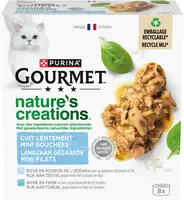 GOURMET Nature's Creations Mini Filets, rijk aan Zeevis, gegarneerd met spinazie en rijst, Rijk aan Tonijn, gegarneerd met rijst en tomaten? nat kattenvoer, 85g - afbeelding 1