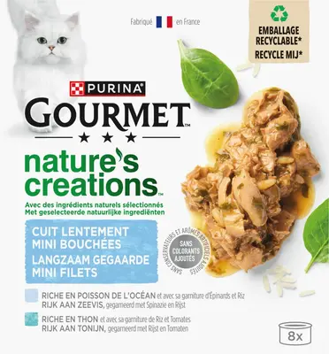 GOURMET Nature's Creations Mini Filets, rijk aan Zeevis, gegarneerd met spinazie en rijst, Rijk aan Tonijn, gegarneerd met rijst en tomaten? nat kattenvoer, 85g - afbeelding 4