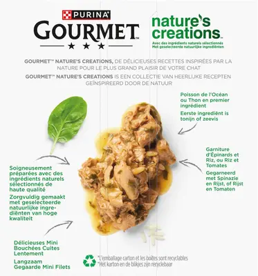 GOURMET Nature's Creations Mini Filets, rijk aan Zeevis, gegarneerd met spinazie en rijst, Rijk aan Tonijn, gegarneerd met rijst en tomaten? nat kattenvoer, 85g - afbeelding 2