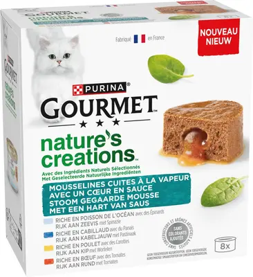 GOURMET Nature's Creations Mousse met Hart van Saus, Rijk aan Rund met tomaat, Rijk aan Kip met wortelen, Rijk aan Kabeljauw met pastinaak, Rijk aan zeevis met spinazie 8x85g - afbeelding 4