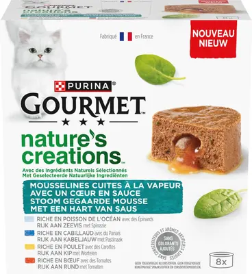 GOURMET Nature's Creations Mousse met Hart van Saus, Rijk aan Rund met tomaat, Rijk aan Kip met wortelen, Rijk aan Kabeljauw met pastinaak, Rijk aan zeevis met spinazie 8x85g - afbeelding 5