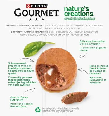 GOURMET Nature's Creations Mousse met Hart van Saus, Rijk aan Rund met tomaat, Rijk aan Kip met wortelen, Rijk aan Kabeljauw met pastinaak, Rijk aan zeevis met spinazie 8x85g - afbeelding 2