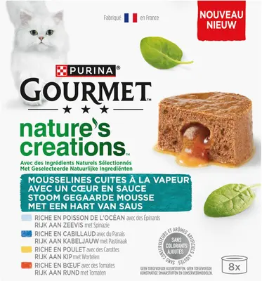GOURMET Nature's Creations Mousse met Hart van Saus, Rijk aan Rund met tomaat, Rijk aan Kip met wortelen, Rijk aan Kabeljauw met pastinaak, Rijk aan zeevis met spinazie 85g - afbeelding 1