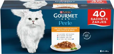 GOURMET PERLE Mini Filets in Saus, Volwassen Nat Kattenvoer met Eend, met Lam, Tonijn, met Kalkoen 40x85g Zakjes - afbeelding 1