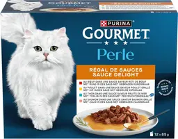 GOURMET PERLE Sauce Delight, Volwassen Nat Kattenvoer met Kip, met Zalm, met Tonijn, met Rund in een saus Zakjes 12x85g - afbeelding 3