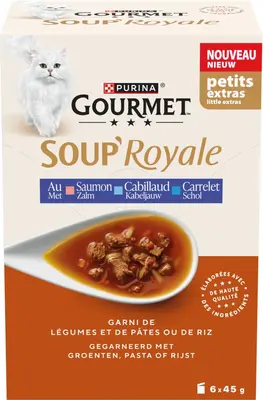GOURMET SOUP ROYALE met Zalm gegarneerd met Rijst en Wortels, met Schol gegarneerd met Rijst en Tomaten, met Kabeljauw gegarneerd met Pasta Parels en Spinazie 6x45g Zakjes - afbeelding 1