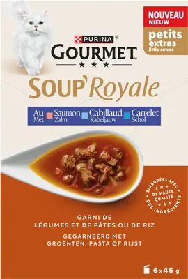 GOURMET SOUP ROYALE met Zalm gegarneerd met Rijst en Wortels, met Schol gegarneerd met Rijst en Tomaten, met Kabeljauw gegarneerd met Pasta Parels en Spinazie 6x45g Zakjes - afbeelding 4