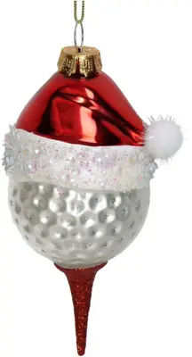 HD Collection glazen kerst ornament golfbal met kerstmuts 12.5cm rood