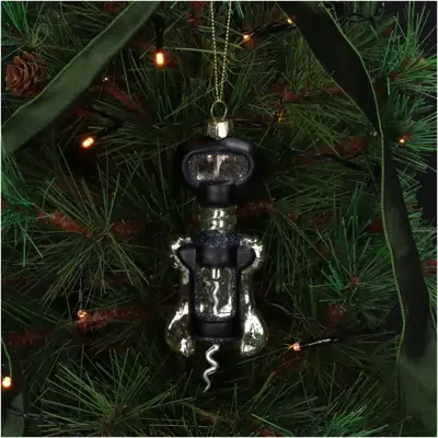 HD Collection glazen kerst ornament wijnopener 14cm zwart - afbeelding 2
