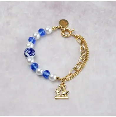 Heinen Delfts Blauw armband kuspaar goud 