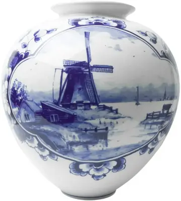 Heinen Delfts Blauw bolvaas keramiek landschap 19x20cm delfts blauw