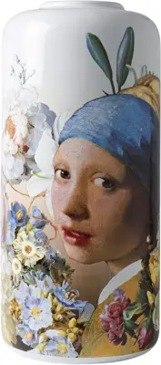Heinen Delfts Blauw cilindervaas keramiek meisje met de parel 14x31cm multi