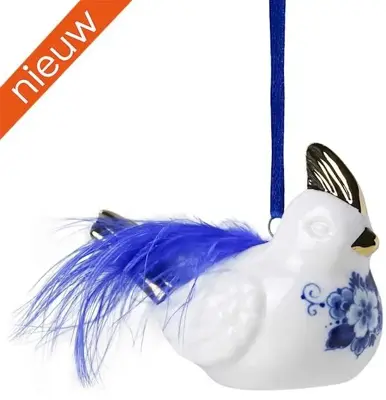 Heinen Delfts Blauw keramieken kerst ornament haan met veer 5cm delfts blauw