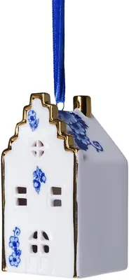 Heinen Delfts Blauw keramieken kerst ornament huisje trapgevel 8cm delfts blauw