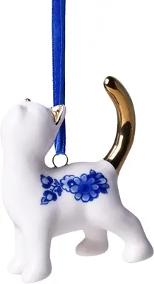 Heinen Delfts Blauw keramieken kerst ornament kat smeken 7cm delfts blauw