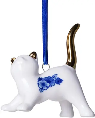 Heinen Delfts Blauw keramieken kerst ornament kat speels 6cm delfts blauw