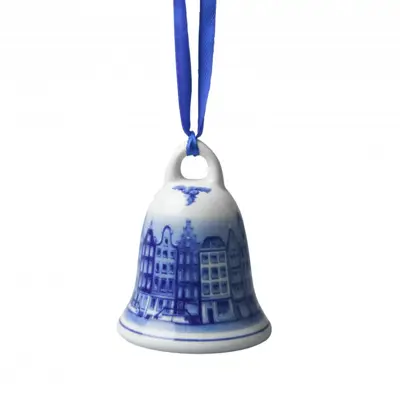 Heinen Delfts Blauw keramieken kerst ornament kerstbel grachtenpanden 7.5cm delfts blauw