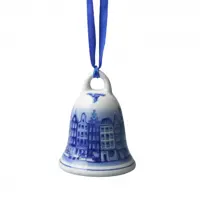 Heinen Delfts Blauw keramieken kerst ornament kerstbel grachtenpanden 7.5cm delfts blauw