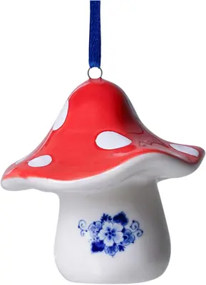 Heinen Delfts Blauw keramieken kerst ornament paddenstoel 8cm delfts blauw