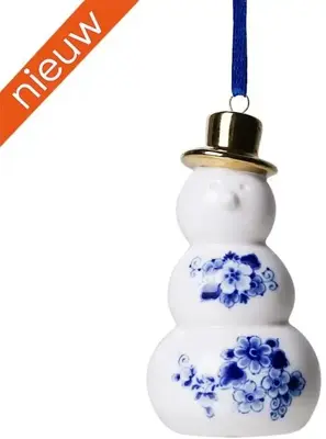 Heinen Delfts Blauw keramieken kerst ornament sneeuwpop 8cm delfts blauw