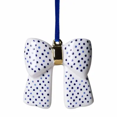 Heinen Delfts Blauw keramieken kerst ornament strik stippen 7.5cm delfts blauw