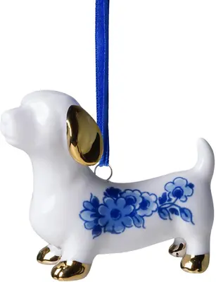 Heinen Delfts Blauw keramieken kerst ornament teckel 6cm delfts blauw