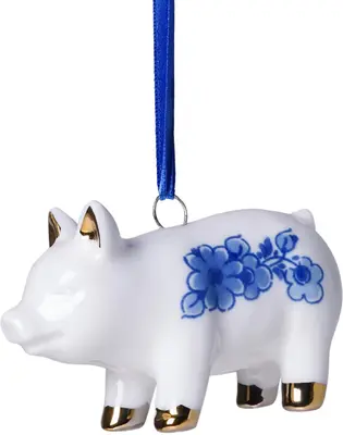Heinen Delfts Blauw keramieken kerst ornament varken 4cm delfts blauw