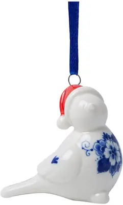 Heinen Delfts Blauw keramieken kerst ornament vogel met kerstmuts 6cm delfts blauw