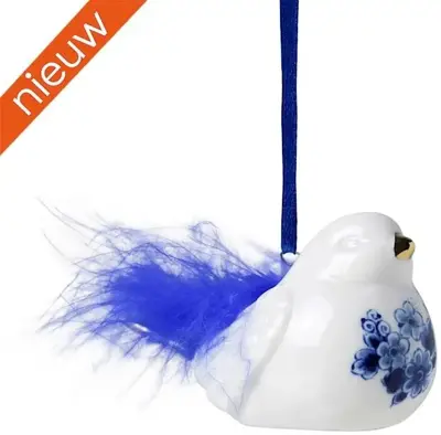 Heinen Delfts Blauw keramieken kerst ornament vogel met veer 5cm delfts blauw