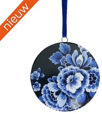 Heinen Delfts Blauw keramieken kerst ornament wandbordje bloemen 6cm delfts blauw