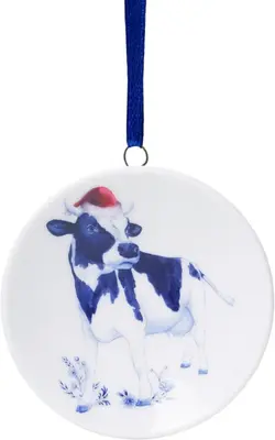 Heinen Delfts Blauw keramieken kerst ornament wandbordje koe kerstmuts 6cm delfts blauw