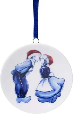 Heinen Delfts Blauw keramieken kerst ornament wandbordje kuspaar kerstmuts 6cm delfts blauw