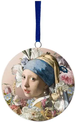 Heinen Delfts Blauw keramieken kerst ornament wandbordje meisje met de parel 6cm multi