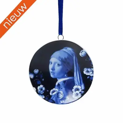 Heinen Delfts Blauw keramieken kerst ornament wandbordje meisje met de parel 6cm delfts blauw