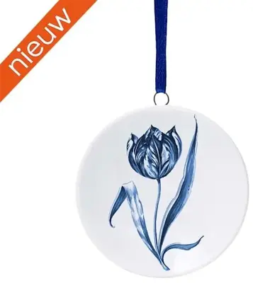 Heinen Delfts Blauw keramieken kerst ornament wandbordje tulp 6cm delfts blauw