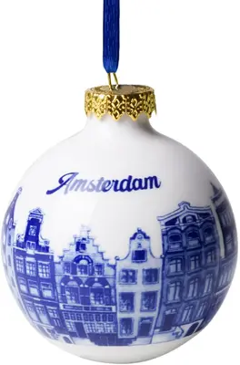 Heinen Delfts Blauw keramieken kerstbal amsterdam grachtenpanden 7cm delfts blauw