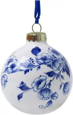 Heinen Delfts Blauw keramieken kerstbal bloemen 7cm delfts blauw
