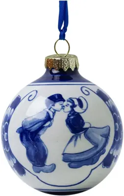 Heinen Delfts Blauw keramieken kerstbal kuspaar 7cm delfts blauw